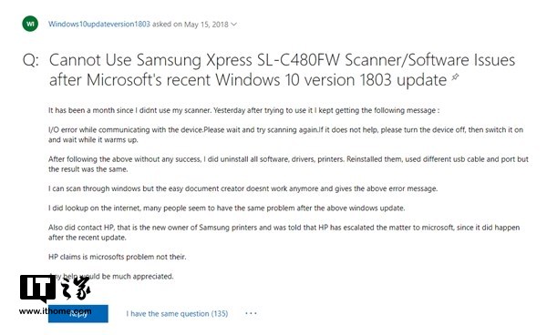 Win10 1803更新导致三星打印机无法工作.jpg