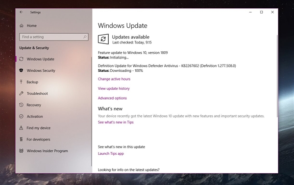 微软已通过Windows Update开始推送Win10 1809a.jpg