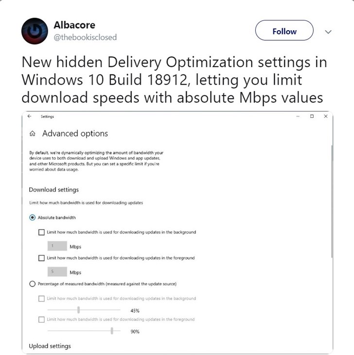 Win10 20H1新功能：用户可设置更新下载速度