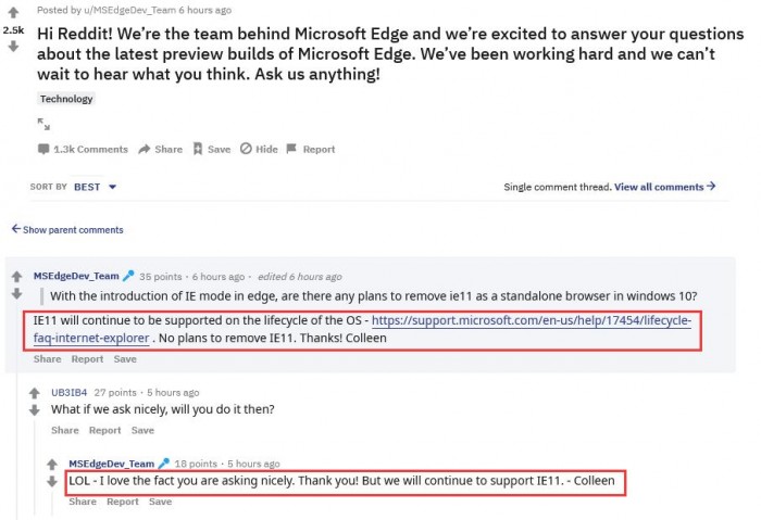 微软没有计划在win10系统中移除IE浏览器