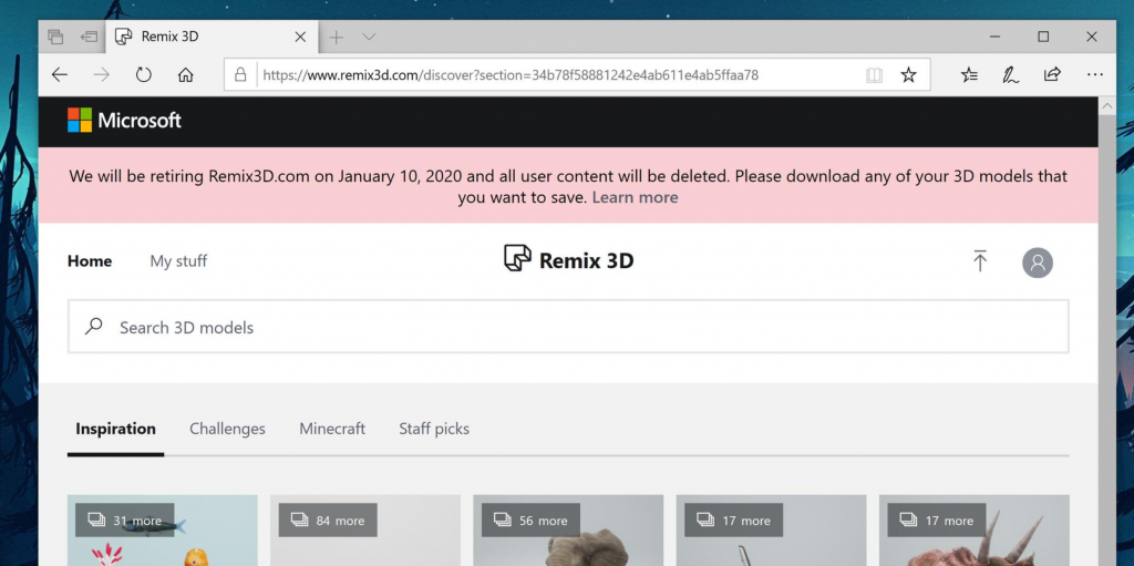 微软将于2020年1月20日后关闭Remix3D.com网站