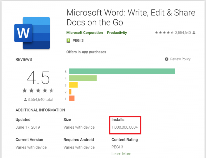 微软Word安卓版达到了10亿次的安装量