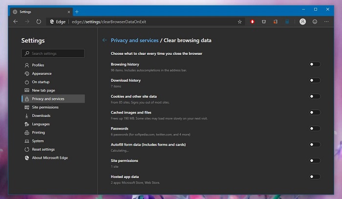 Win10 Edge Canary新增隐私选项，允许用户退出时选择清理数据