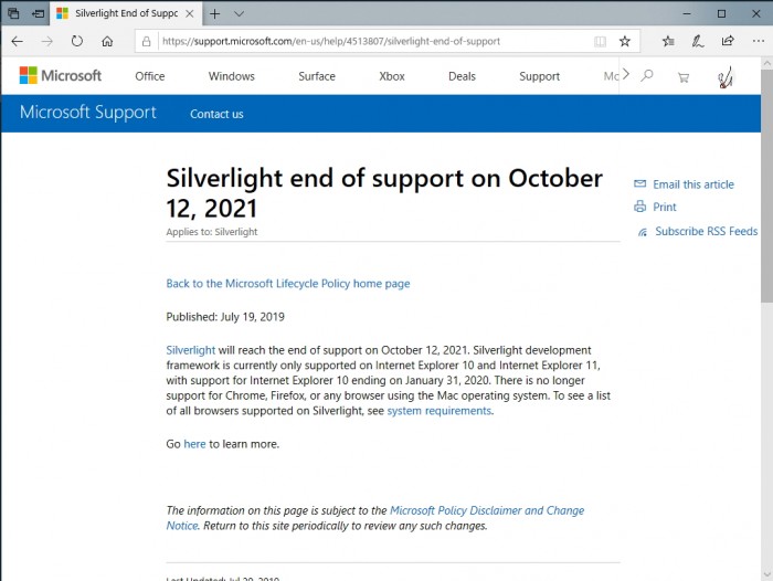 Microsoft Silverlight将于2021年10月12日停止支持