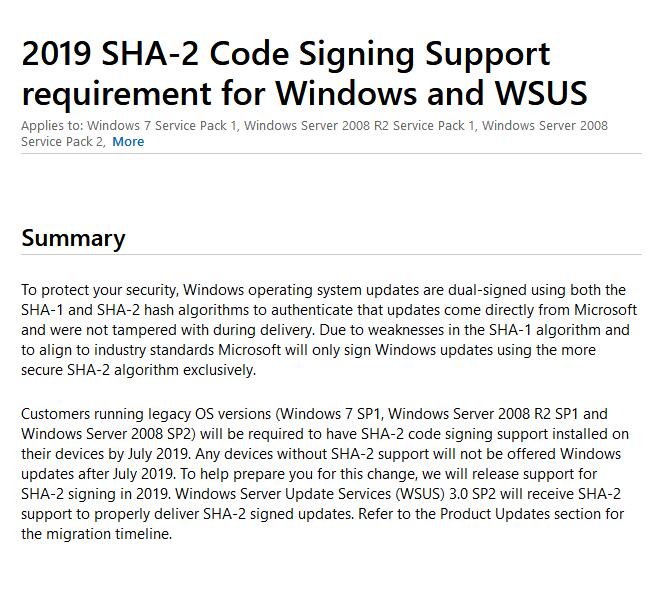微软要求Win7和Windows Server 2008启用SHA-2支持