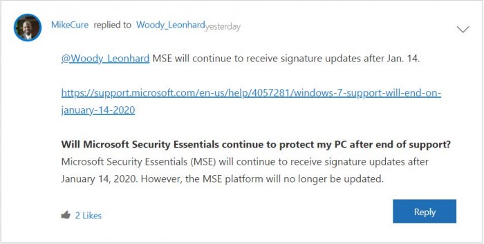 Win7系统下月结束支持，MSE防病毒可继续获签名更新