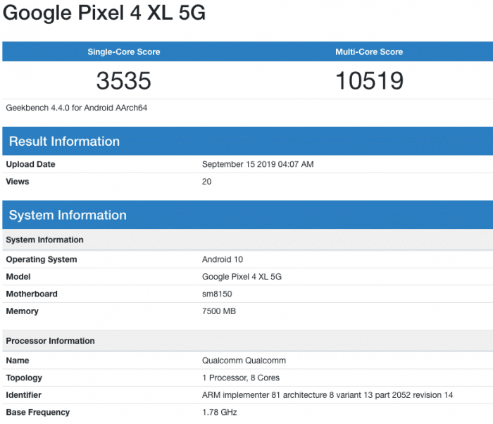 Google Pixel 4 XL 5G跑分