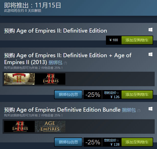 《帝国时代2：决定版》价格上涨至100元