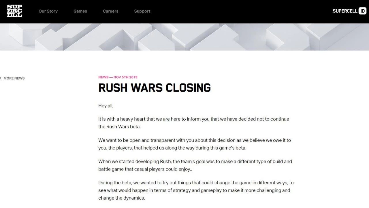 Supercell官宣新游戏《Rush Wars》即将正式关闭