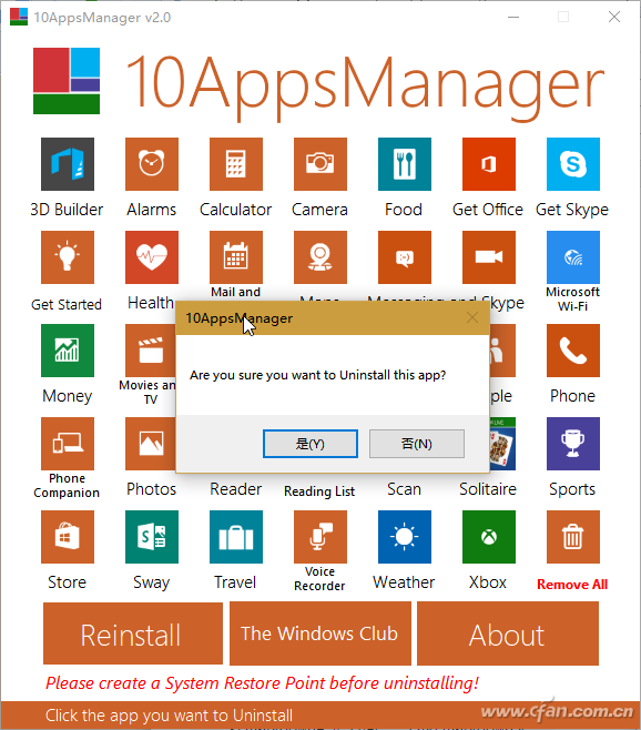 10AppsManager工具轻松卸载/恢复Win10预装应用2