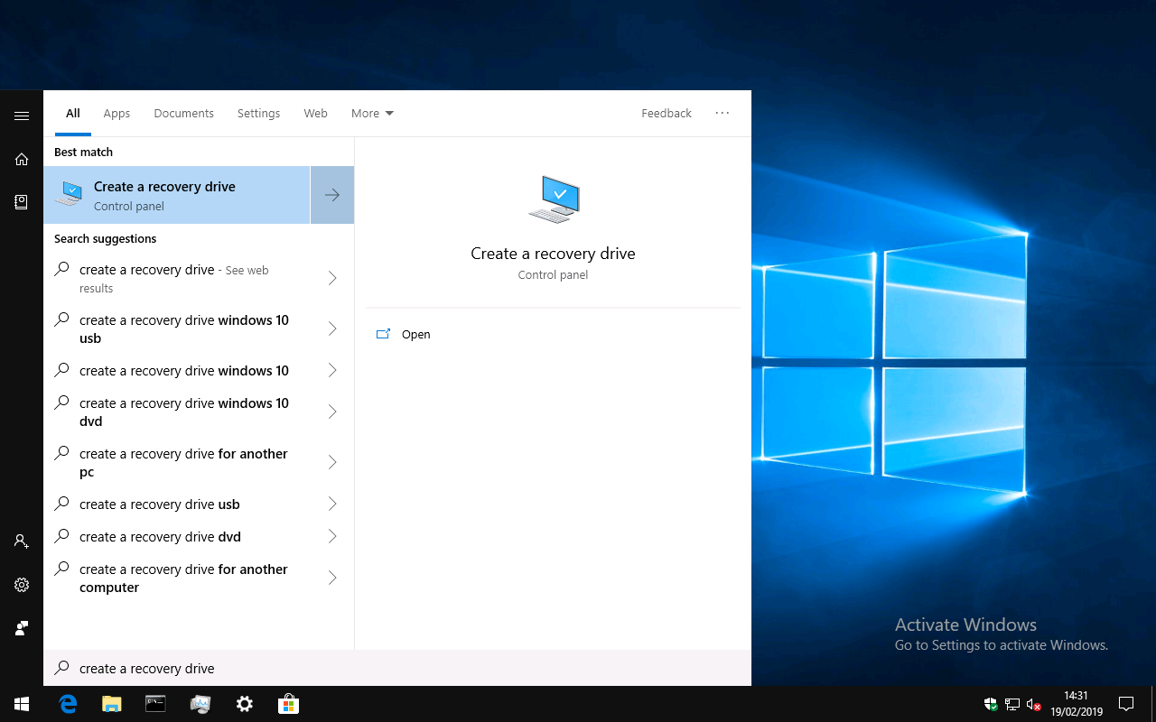 创建Windows 10恢复驱动器