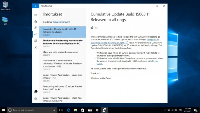 Win10 Creators Update RTM版迎来首个累积更新