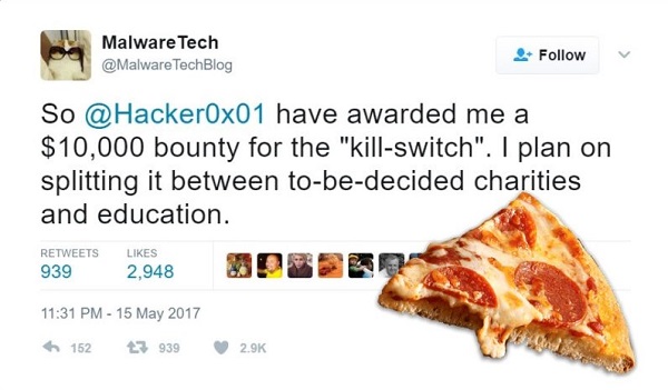 白帽黑客阻断WannaCry勒索软件有功 奖励一年免费披萨1.jpg