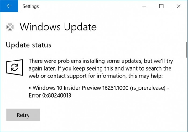 升级Win10 16251后出现了0x80240013和0x80010105错误2