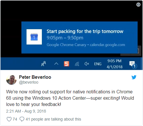 Chrome 68已支持windows10原生通知功能 可遵从行动中心的设置.png