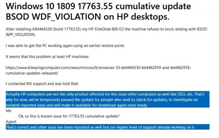 微软承认惠普Win10 PC打KB4462919补丁蓝屏现象1.jpg