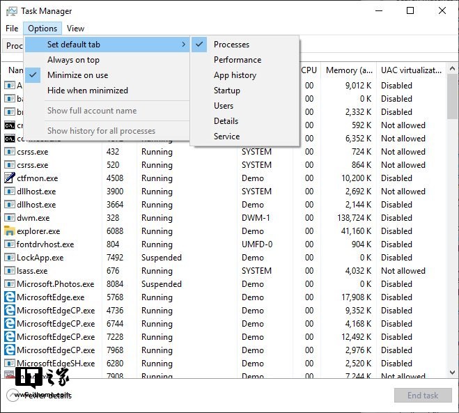 windows10 19H1任务管理器功能：默认选项卡查看.jpg