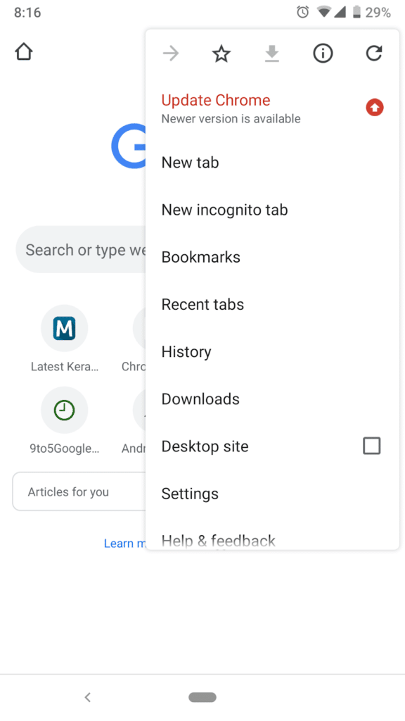 Android版Google Chrome添加更新提示功能