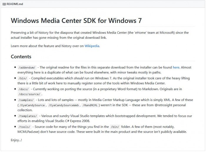 适用于Win7的Windows Media Center SDK在GitHub发布